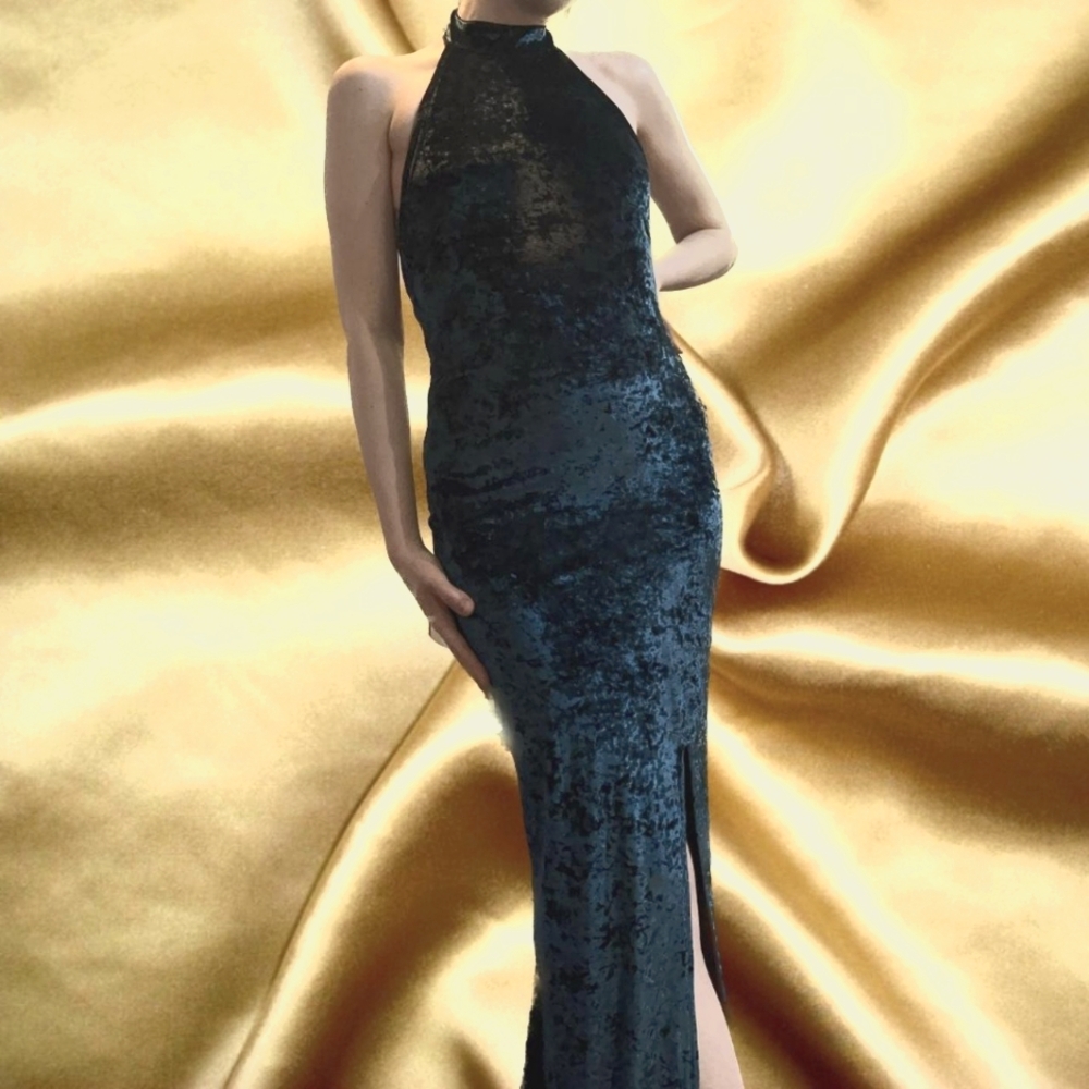 H&M Teal Velvet Halter Backless Dress